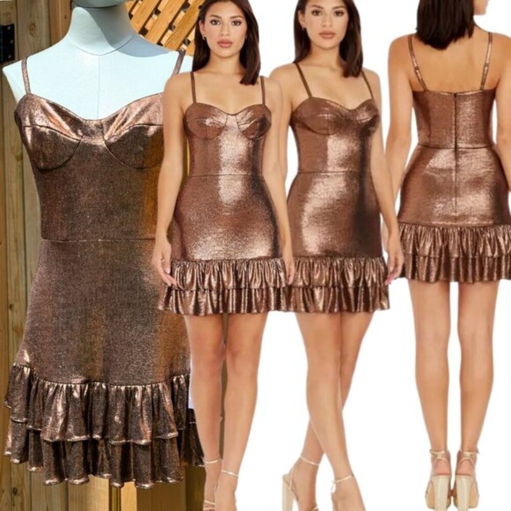 🆕 DRESS THE POPULATION 🧿 NWT Arden Fit and Flare Mini Dress, Brown Bronze Sz M